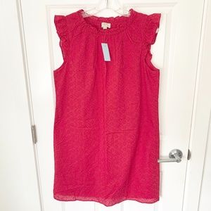 NWT LOFT Magenta Pink Eyelet Sheath Ruffle Dress Sz L Sleeveless